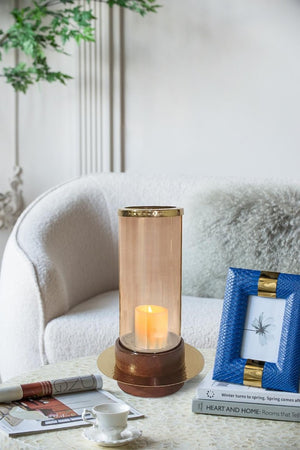 English Elm D8x13.5 Amber Glass Hurricane Holder Acacia Wood Base Gold Accent Warm Glow Decor B2768P496870