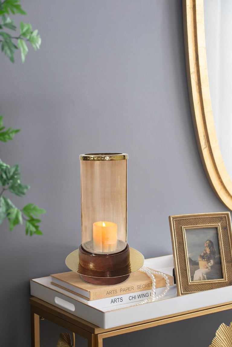 English Elm D8x13.5 Amber Glass Hurricane Holder Acacia Wood Base Gold Accent Warm Glow Decor B2768P496870