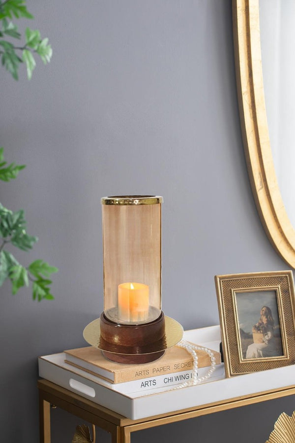 English Elm D8x13.5 Amber Glass Hurricane Holder Acacia Wood Base Gold Accent Warm Glow Decor B2768P496870
