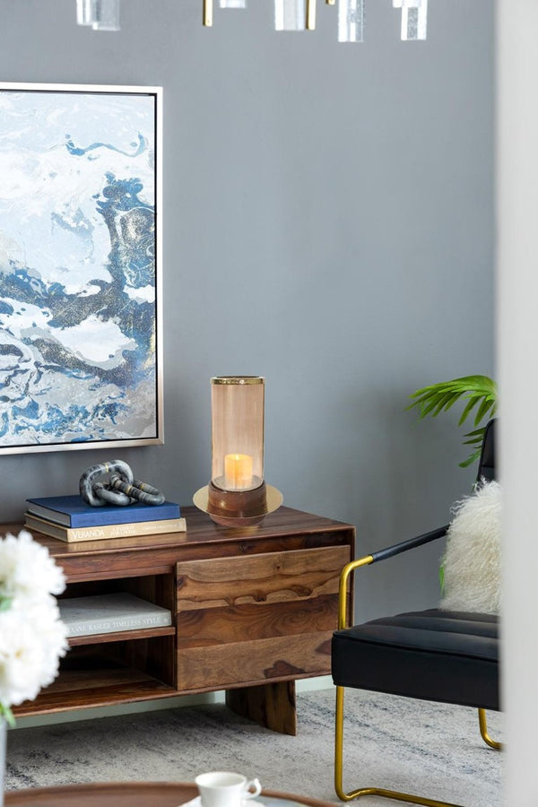 English Elm D8x13.5 Amber Glass Hurricane Holder Acacia Wood Base Gold Accent Warm Glow Decor B2768P496870