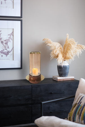 English Elm D8x13.5 Amber Glass Hurricane Holder Acacia Wood Base Gold Accent Warm Glow Decor B2768P496870