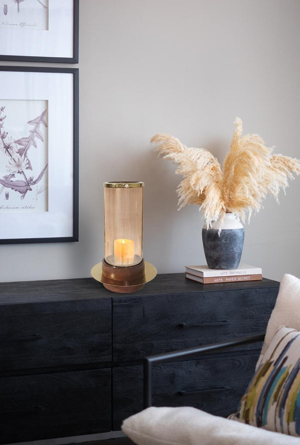 English Elm D8x13.5 Amber Glass Hurricane Holder Acacia Wood Base Gold Accent Warm Glow Decor B2768P496870