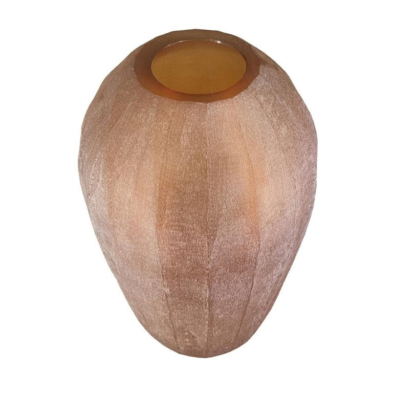 English Elm D8x13.5 Frosted Glass Ridged Vase Rose Gold Tone Bulbous Base for Console or Mantel B2768P496890