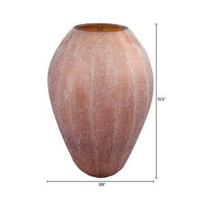 English Elm D8x13.5 Frosted Glass Ridged Vase Rose Gold Tone Bulbous Base for Console or Mantel B2768P496890