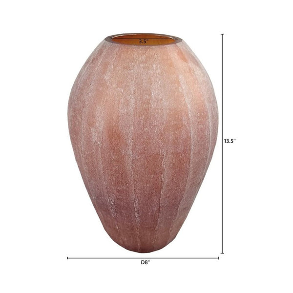 English Elm D8x13.5 Frosted Glass Ridged Vase Rose Gold Tone Bulbous Base for Console or Mantel B2768P496890