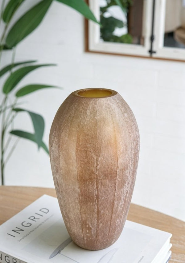 English Elm D8x13.5 Frosted Glass Ridged Vase Rose Gold Tone Bulbous Base for Console or Mantel B2768P496890