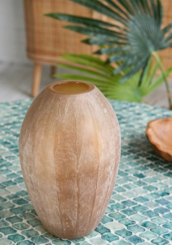 English Elm D8x13.5 Frosted Glass Ridged Vase Rose Gold Tone Bulbous Base for Console or Mantel B2768P496890