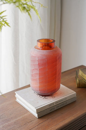 English Elm D6.5x10.5 Frosted Glass Terracotta Ridge Vase Earthy Blush Amber Rim Home Accent B2768P496892
