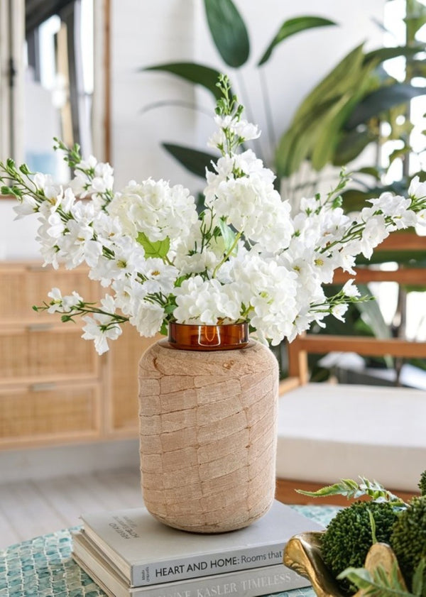 English Elm D6.5x10.5 Frosted Glass Terracotta Ridge Vase Earthy Blush Amber Rim Home Accent B2768P496892