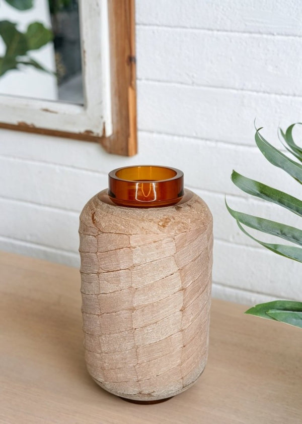 English Elm D6.5x10.5 Frosted Glass Terracotta Ridge Vase Earthy Blush Amber Rim Home Accent B2768P496892