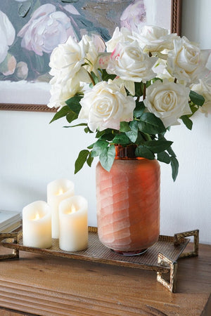 English Elm D6.5x10.5 Frosted Glass Terracotta Ridge Vase Earthy Blush Amber Rim Home Accent B2768P496892