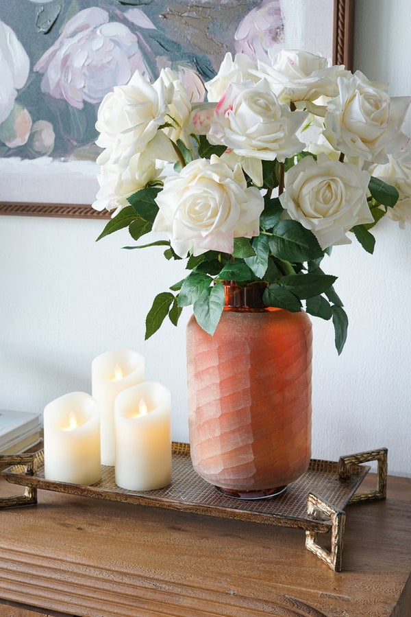 English Elm D6.5x10.5 Frosted Glass Terracotta Ridge Vase Earthy Blush Amber Rim Home Accent B2768P496892