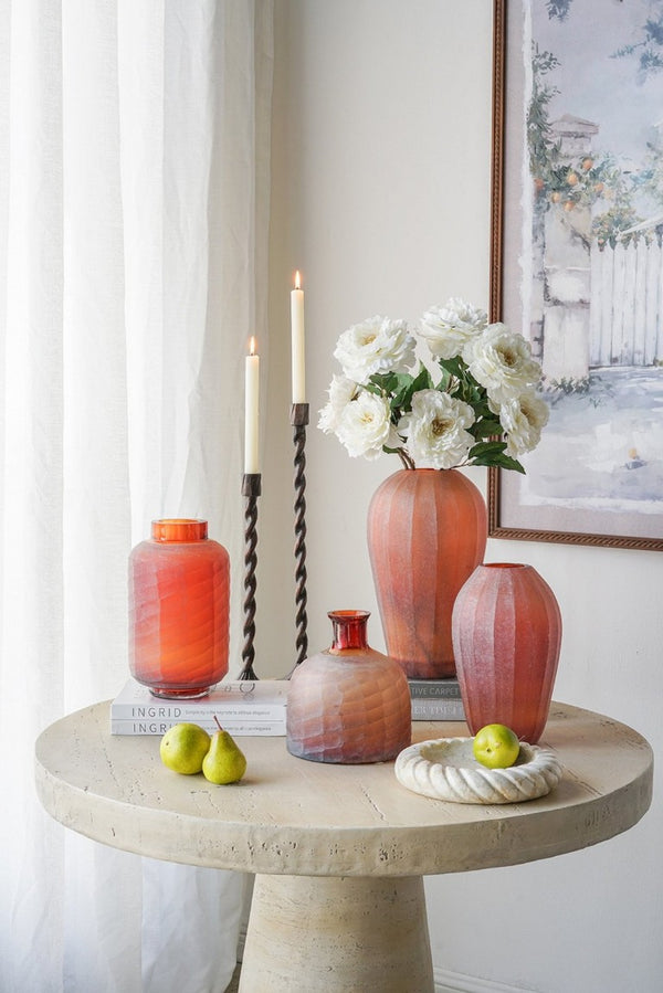 English Elm D6.5x10.5 Frosted Glass Terracotta Ridge Vase Earthy Blush Amber Rim Home Accent B2768P496892