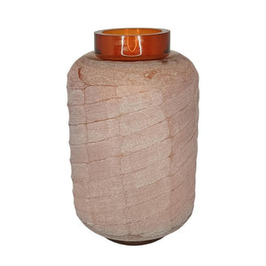 English Elm D6.5x10.5 Frosted Glass Terracotta Ridge Vase Earthy Blush Amber Rim Home Accent B2768P496892