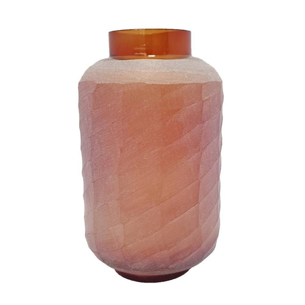 English Elm D6.5x10.5 Frosted Glass Terracotta Ridge Vase Earthy Blush Amber Rim Home Accent B2768P496892