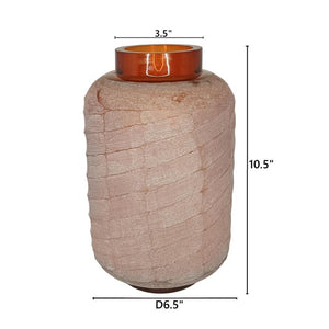 English Elm D6.5x10.5 Frosted Glass Terracotta Ridge Vase Earthy Blush Amber Rim Home Accent B2768P496892