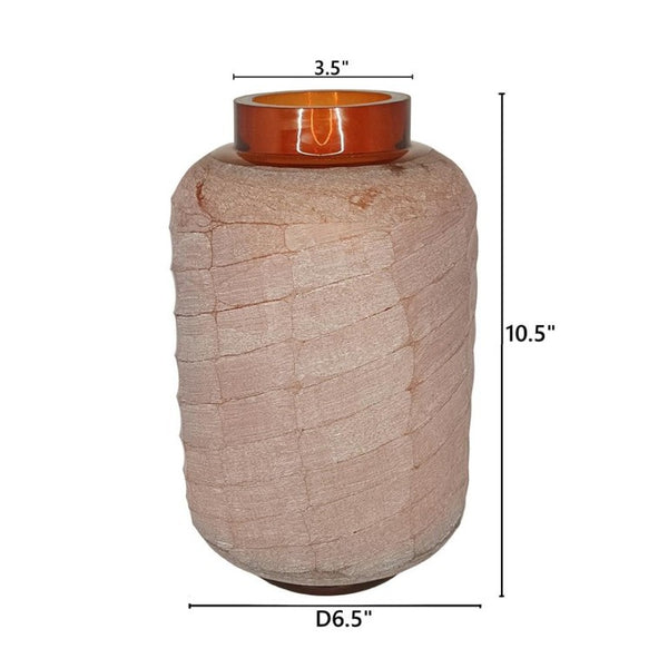 English Elm D6.5x10.5 Frosted Glass Terracotta Ridge Vase Earthy Blush Amber Rim Home Accent B2768P496892