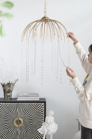 English Elm D20x29 Vintage Gold Iron Chandelier with Hand-Strung Glass Beads for Dining Rooms B2768P496906