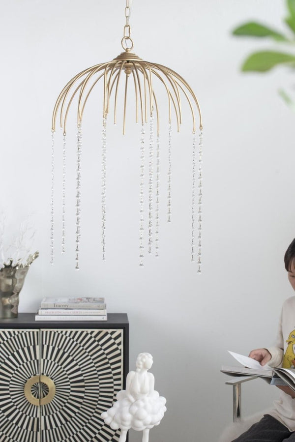 English Elm D20x29 Vintage Gold Iron Chandelier with Hand-Strung Glass Beads for Dining Rooms B2768P496906