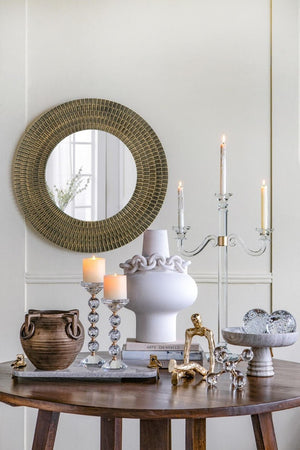English Elm D29.5 Round Wall Mirror Black Gold MDF Frame Woven Basketweave Artisan Decor B2768P496920
