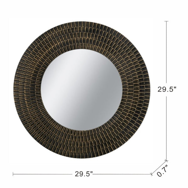 English Elm D29.5 Round Wall Mirror Black Gold MDF Frame Woven Basketweave Artisan Decor B2768P496920