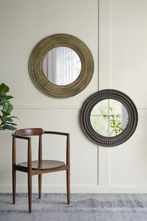 English Elm D29.5 Round Wall Mirror Black Gold MDF Frame Woven Basketweave Artisan Decor B2768P496920