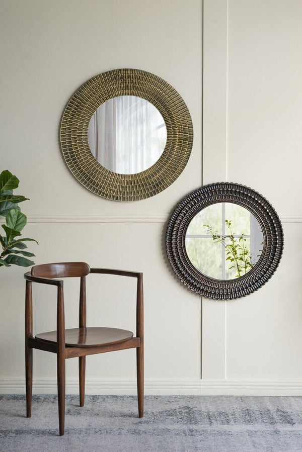 English Elm D29.5 Round Wall Mirror Black Gold MDF Frame Woven Basketweave Artisan Decor B2768P496920