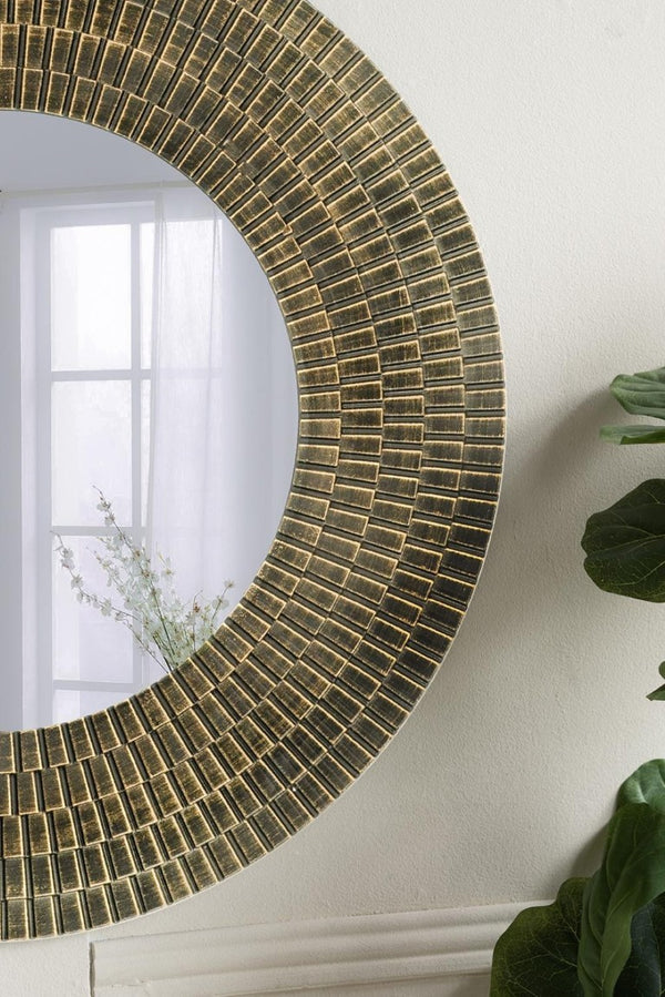 English Elm D29.5 Round Wall Mirror Black Gold MDF Frame Woven Basketweave Artisan Decor B2768P496920