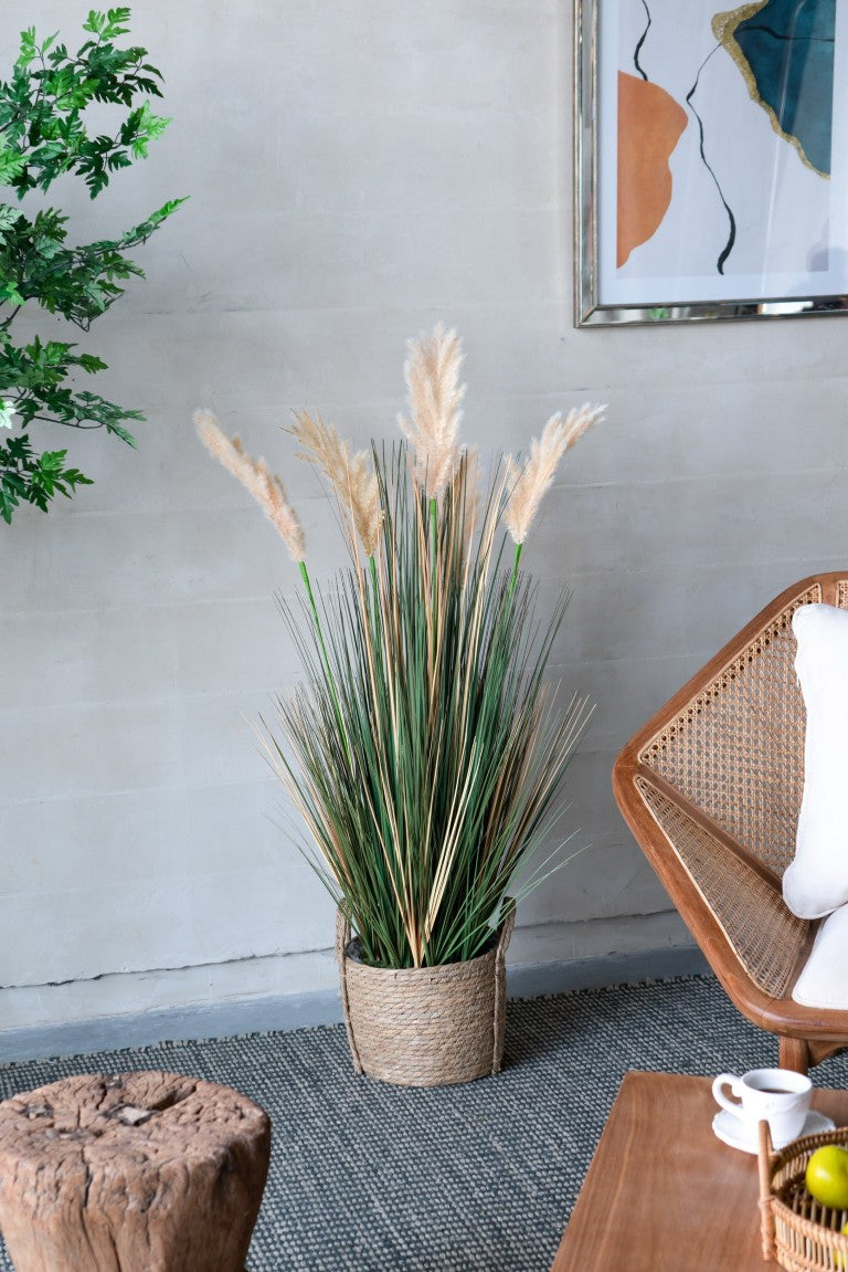 English Elm D14x45h Faux Pampas Grass Arrangement in Woven Seagrass Planter Bohemian Decor B2768P534810