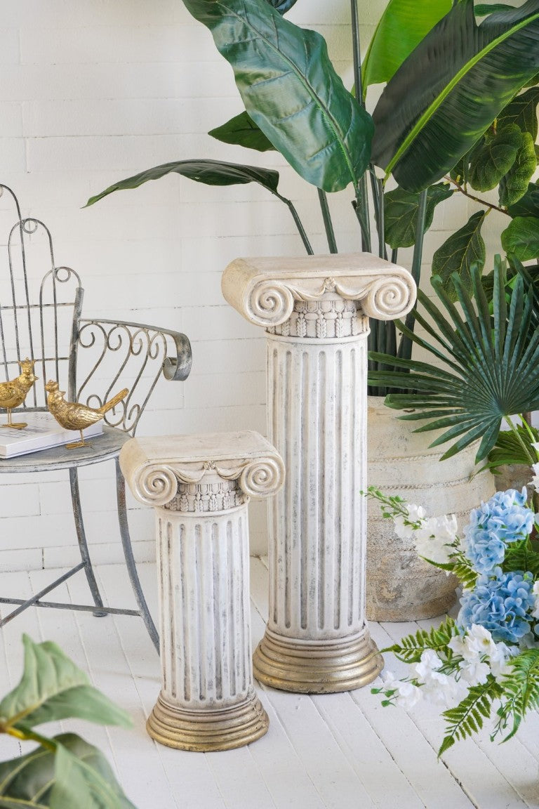 English Elm 13X10x31 Antique White Magnesium Column Pedestal with Ionic Ribbing and Ornate Gold Base B2768P534815