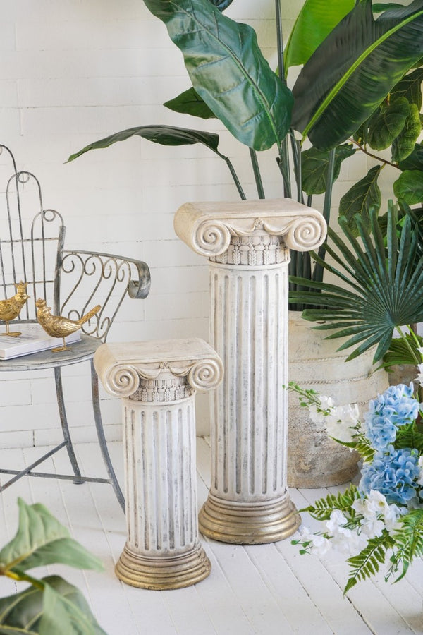 English Elm 13X10x31 Antique White Magnesium Column Pedestal with Ionic Ribbing and Ornate Gold Base B2768P534815