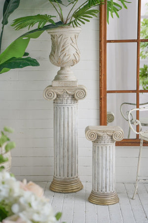 English Elm 13X10x31 Antique White Magnesium Column Pedestal with Ionic Ribbing and Ornate Gold Base B2768P534815