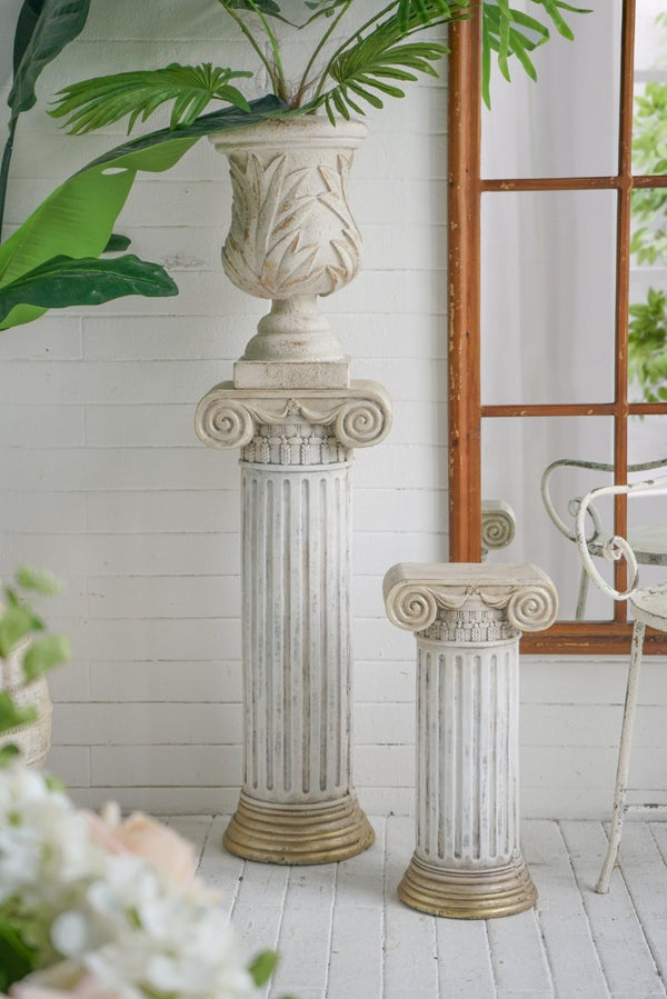 English Elm 13X10x31 Antique White Magnesium Column Pedestal with Ionic Ribbing and Ornate Gold Base B2768P534815