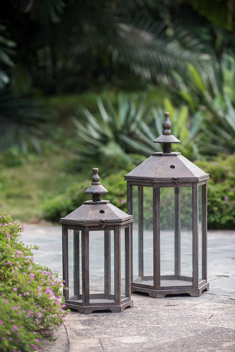 English Elm S/2 Polygon Fir Wood Glass Panel Candle Lanterns for Mantel Patio or Entryway B2768P534819