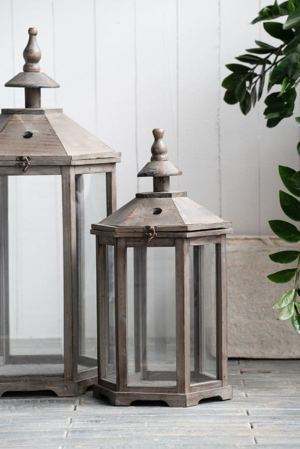English Elm S/2 Polygon Fir Wood Glass Panel Candle Lanterns for Mantel Patio or Entryway B2768P534819