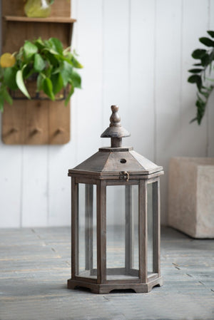English Elm S/2 Polygon Fir Wood Glass Panel Candle Lanterns for Mantel Patio or Entryway B2768P534819