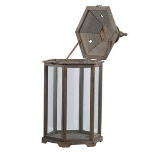 English Elm S/2 Polygon Fir Wood Glass Panel Candle Lanterns for Mantel Patio or Entryway B2768P534819