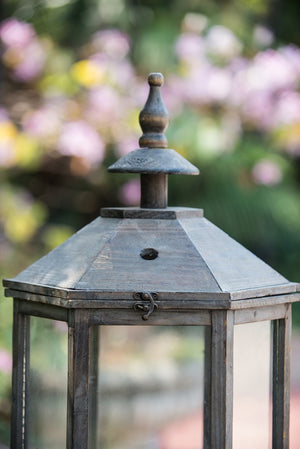 English Elm S/2 Polygon Fir Wood Glass Panel Candle Lanterns for Mantel Patio or Entryway B2768P534819