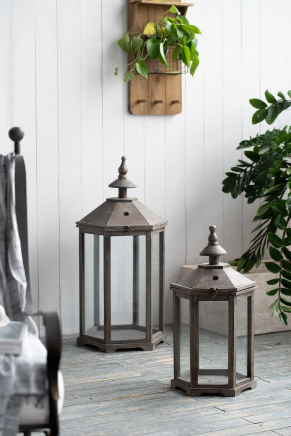 English Elm S/2 Polygon Fir Wood Glass Panel Candle Lanterns for Mantel Patio or Entryway B2768P534819