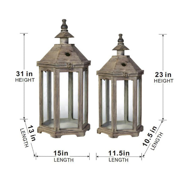 English Elm S/2 Polygon Fir Wood Glass Panel Candle Lanterns for Mantel Patio or Entryway B2768P534819