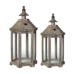English Elm S/2 Polygon Fir Wood Glass Panel Candle Lanterns for Mantel Patio or Entryway B2768P534819