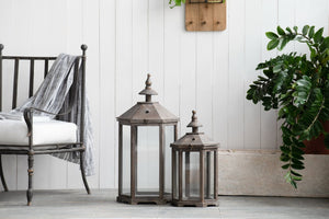 English Elm S/2 Polygon Fir Wood Glass Panel Candle Lanterns for Mantel Patio or Entryway B2768P534819