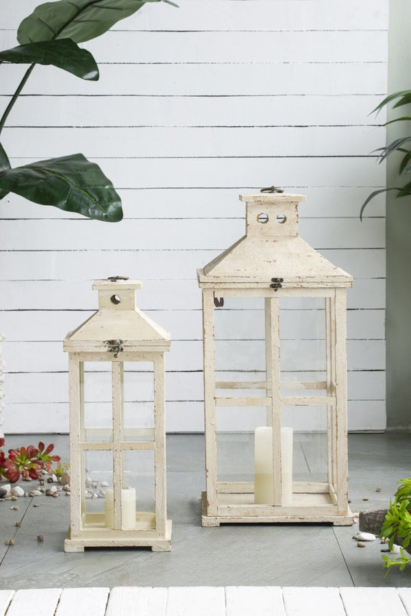 English Elm S/2 Reed Style Glass Panel Candle Lanterns Fir Wood White Finish Indoor Porch Decor B2768P534823