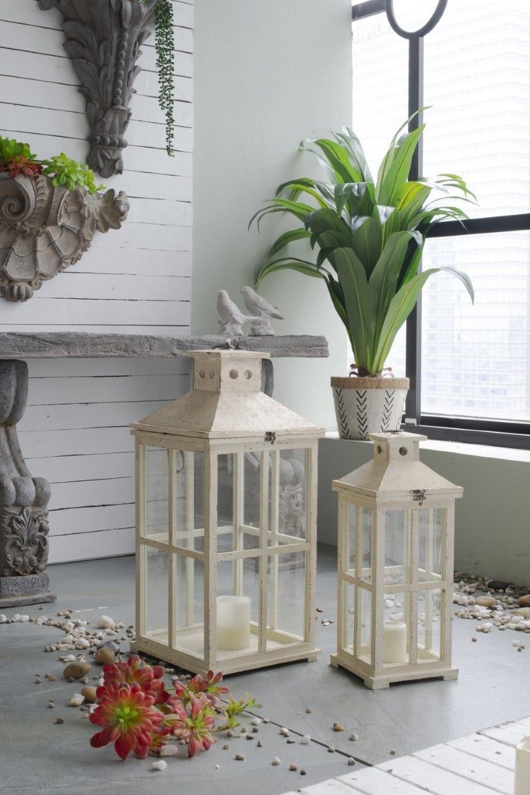 English Elm S/2 Reed Style Glass Panel Candle Lanterns Fir Wood White Finish Indoor Porch Decor B2768P534823