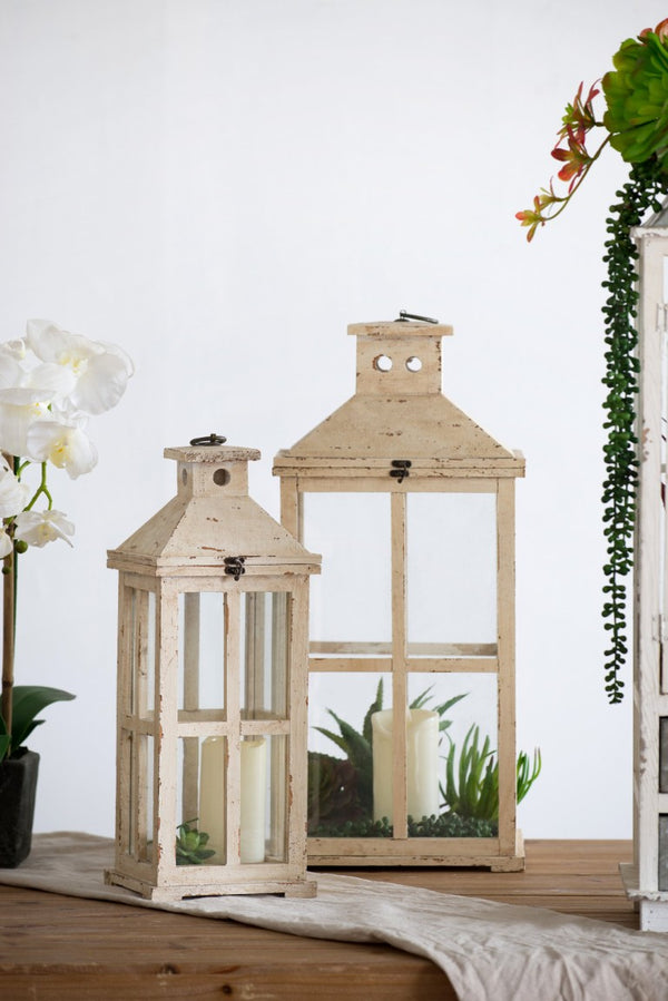 English Elm S/2 Reed Style Glass Panel Candle Lanterns Fir Wood White Finish Indoor Porch Decor B2768P534823