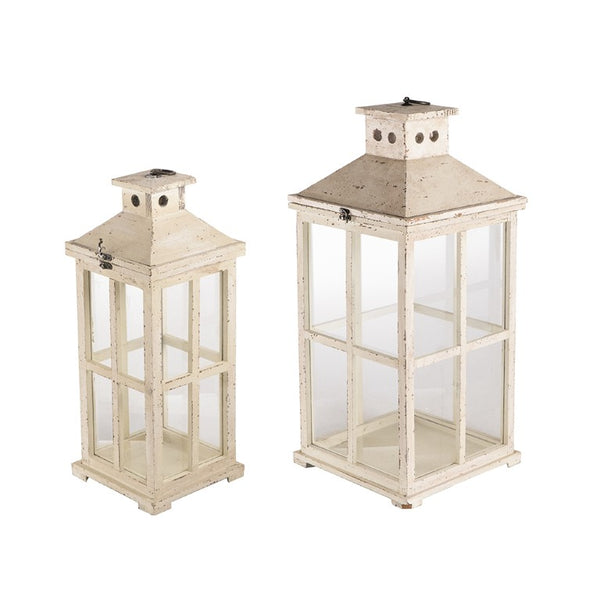 English Elm S/2 Reed Style Glass Panel Candle Lanterns Fir Wood White Finish Indoor Porch Decor B2768P534823