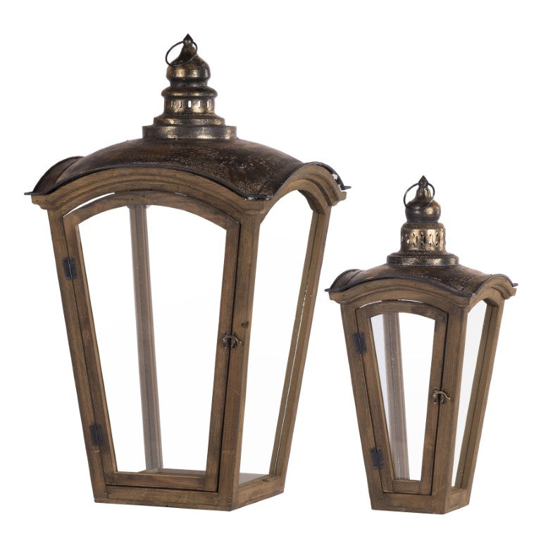 English Elm S/2 Coach House Fir Wood Iron Candle Lanterns for Mantel Patio or Entryway Decor B2768P534824