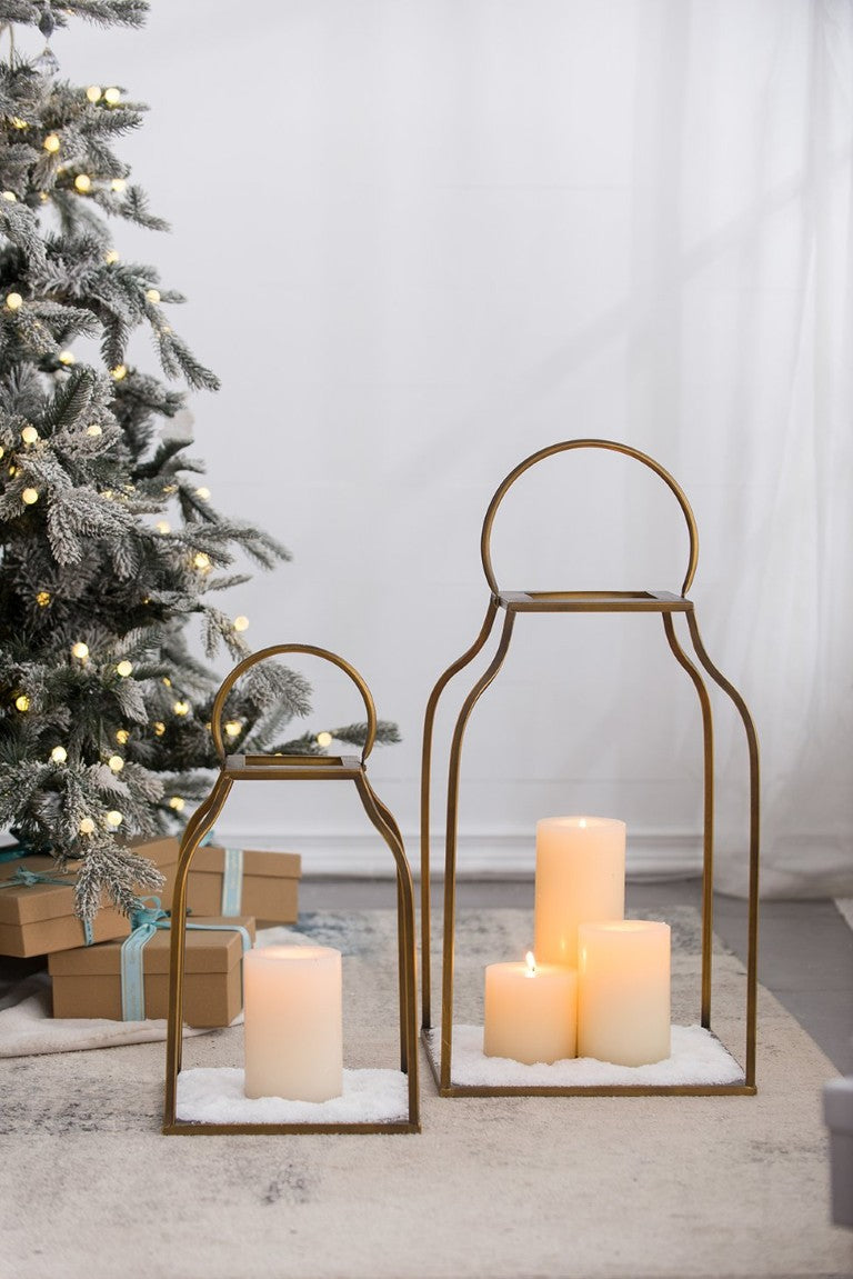 English Elm S/2 Gold Iron Cottage Candle Lanterns Geometric Open Frame Mantel Patio Decor Set B2768P534825