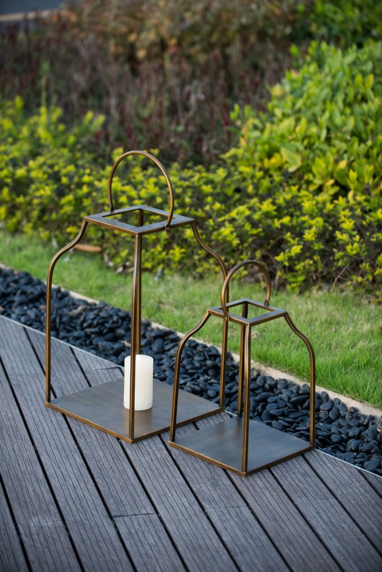 English Elm S/2 Gold Iron Cottage Candle Lanterns Geometric Open Frame Mantel Patio Decor Set B2768P534825