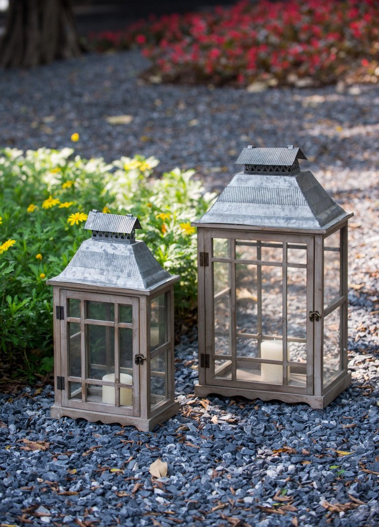 English Elm S/2 Fir Wood Metal Candle Lanterns Rustic Gray Brown Finish for Mantel or Patio B2768P534826